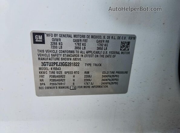 3GTU2PEJ3GG281822 2016 GMC SIERRA White Vista de la etiqueta del VIN