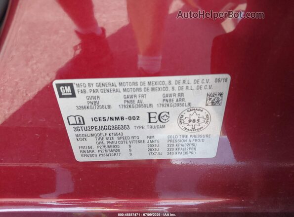 3GTU2PEJ6GG366363 2016 GMC SIERRA Red Vista del compartimento del motor