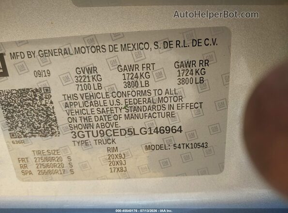 3GTU9CED5LG146964 2020 GMC SIERRA Gray Widok komory silnika