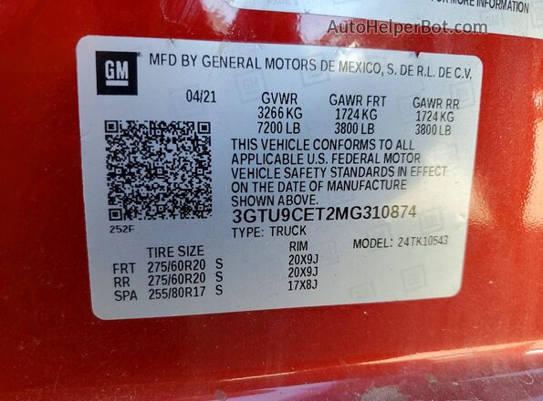 3GTU9CET2MG310874 2021 GMC SIERRA Burgundy Vista del compartimento del motor