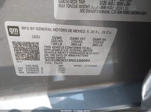 3GTU9DED3NG156093 2022 GMC SIERRA Gray Vista del compartimento del motor