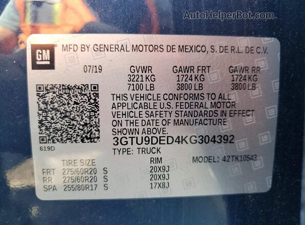 3GTU9DED4KG304392 2019 GMC SIERRA Blue Вид підкапотного простору