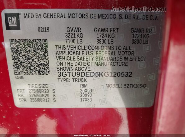 3GTU9DED5KG120532 2019 GMC SIERRA Red Շարժիչի բաժամունքի տեսք