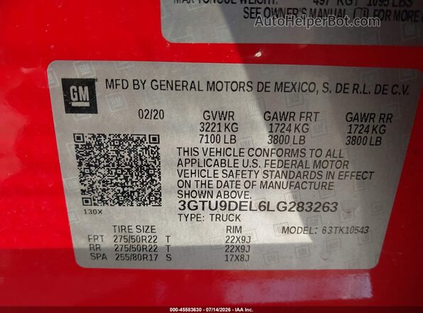 3GTU9DEL6LG283263 2020 GMC SIERRA Red Widok komory silnika