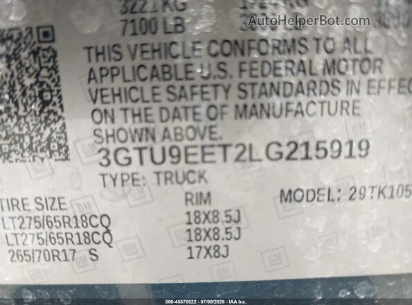 3GTU9EET2LG215919 2020 GMC SIERRA Blue Շարժիչի բաժամունքի տեսք