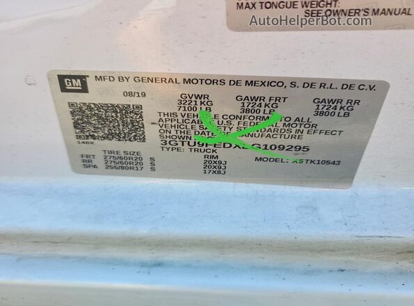 3GTU9FEDXLG109295 2020 GMC SIERRA White Вид наклейки з VIN-кодом