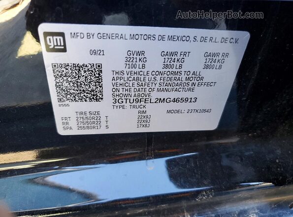3GTU9FEL2MG465913 2021 GMC SIERRA Black VIN sticker view