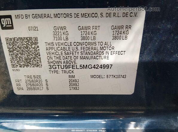 3GTU9FEL5MG424997 2021 GMC SIERRA Blue Engine compartment view