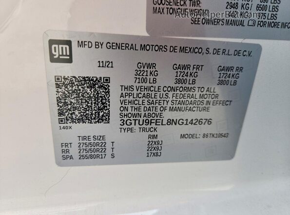 3GTU9FEL8NG142676 2022 GMC SIERRA White VIN կոդի պիտակի տեսք