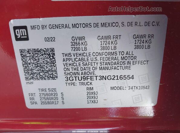 3GTU9FET3NG216554 2022 GMC SIERRA Red Շարժիչի բաժամունքի տեսք