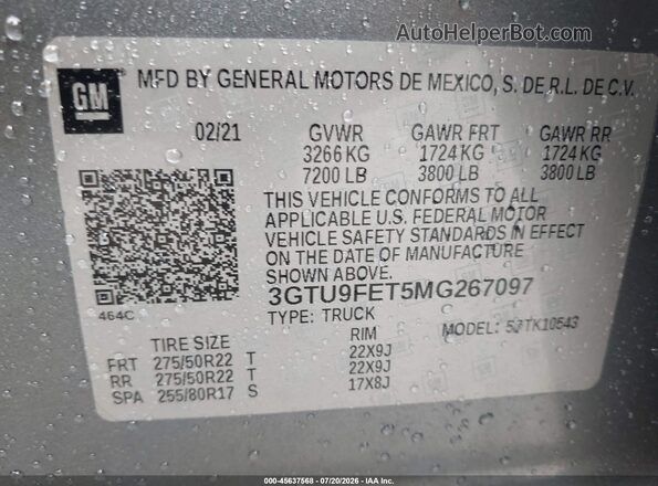 3GTU9FET5MG267097 2021 GMC SIERRA Серый Вид подкапотного пространства