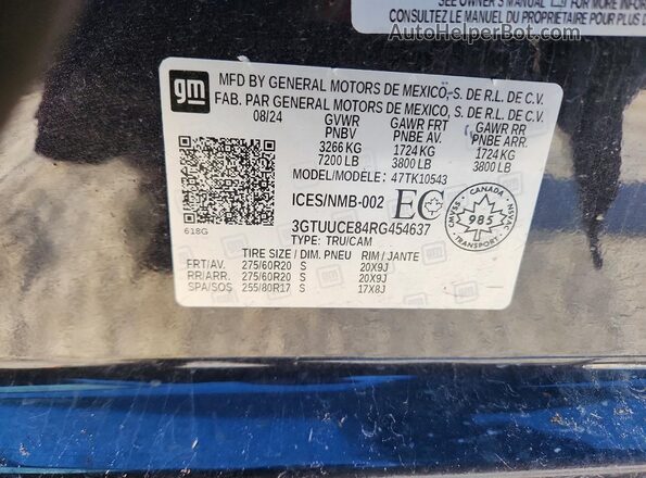 3GTUUCE84RG454637 2024 GMC SIERRA Gray Widok naklejki z numerem VIN