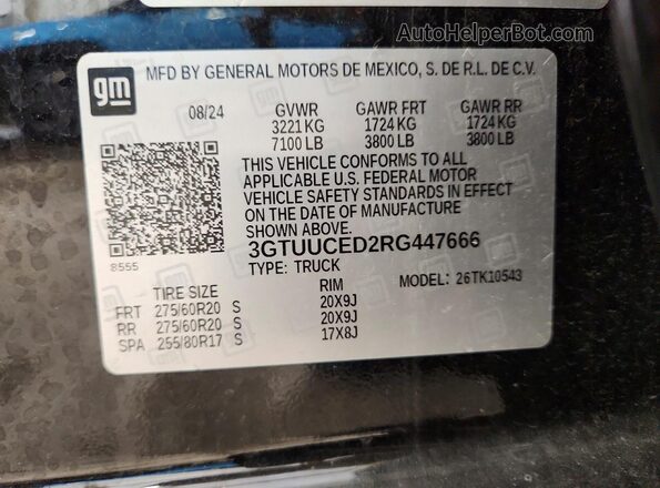 3GTUUCED2RG447666 2024 GMC SIERRA Black VIN კოდის სტიკერის ხედი