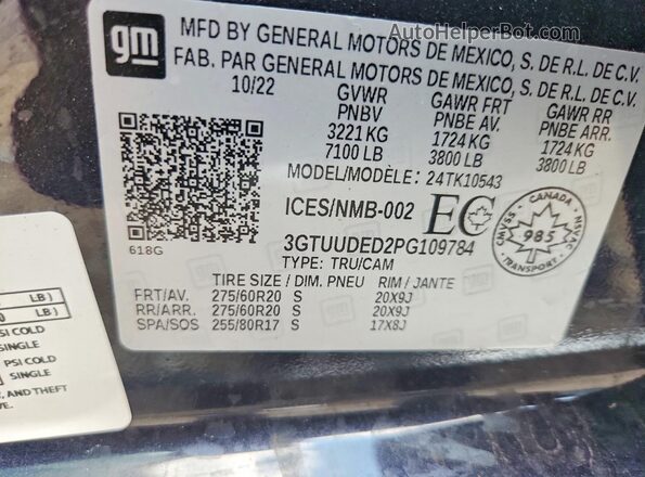 3GTUUDED2PG109784 2023 GMC SIERRA Blue Vista del compartimento del motor