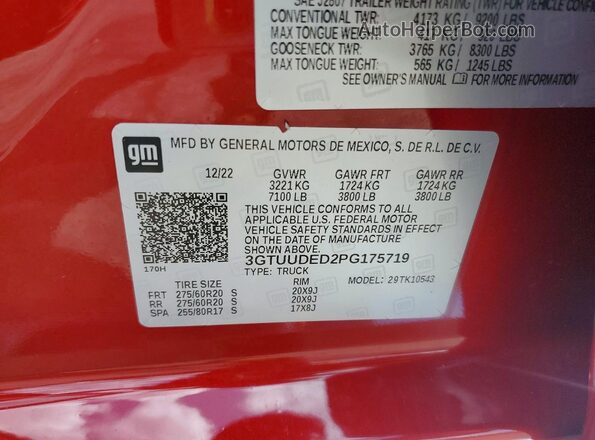 3GTUUDED2PG175719 2023 GMC SIERRA Red Widok naklejki z numerem VIN