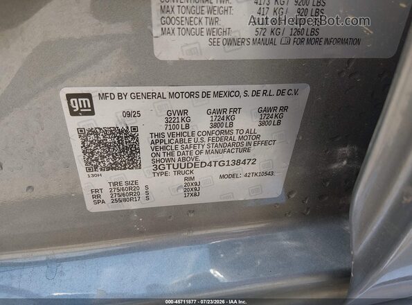 3GTUUDED4TG138472 2026 GMC SIERRA Silver Շարժիչի բաժամունքի տեսք