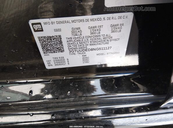 3GTUUDED8NG511127 2022 GMC SIERRA Black VIN sticker view