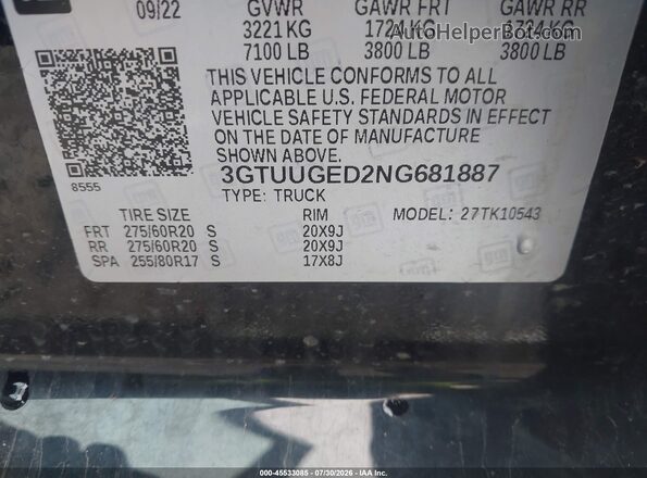 3GTUUGED2NG681887 2022 GMC SIERRA Black Вид підкапотного простору