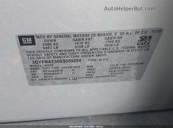 3GYFNAE36GS559294 2016 CADILLAC SRX Silver Engine compartment view