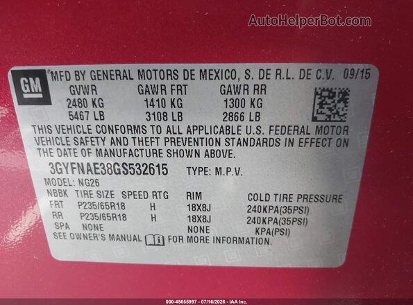 3GYFNAE38GS532615 2016 CADILLAC SRX Red Շարժիչի բաժամունքի տեսք