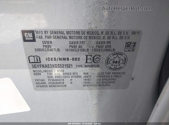 3GYFNAE3XGS521521 2016 CADILLAC SRX Silver ძრავის განყოფილების ხედი