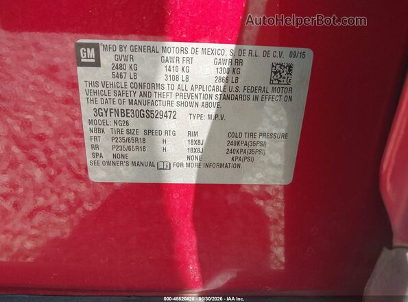 3GYFNBE30GS529472 2016 CADILLAC SRX Red Вид підкапотного простору