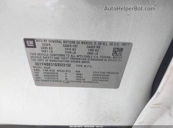 3GYFNBE31GS523132 2016 CADILLAC SRX White Widok komory silnika