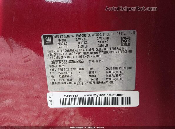 3GYFNBE31GS552856 2016 CADILLAC SRX Красный Вид подкапотного пространства