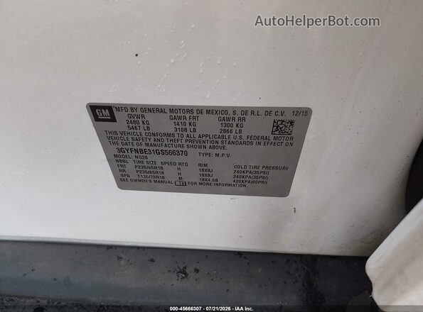 3GYFNBE31GS566370 2016 CADILLAC SRX White Вид підкапотного простору