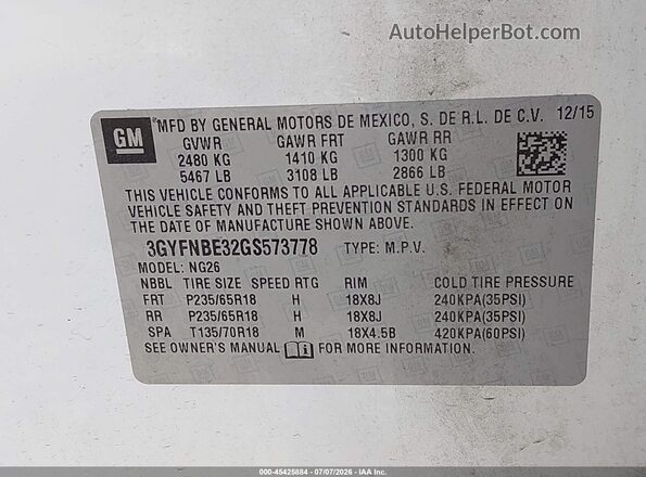 3GYFNBE32GS573778 2016 CADILLAC SRX White Widok komory silnika