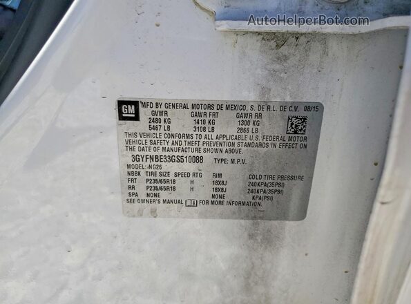 3GYFNBE33GS510088 2016 CADILLAC SRX White VIN կոդի պիտակի տեսք