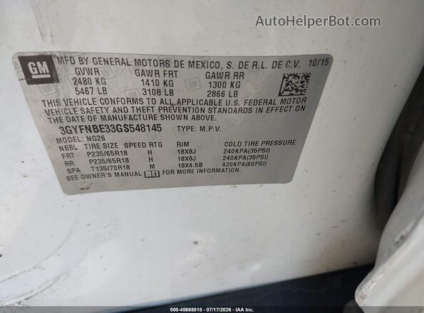 3GYFNBE33GS548145 2016 CADILLAC SRX White Вид підкапотного простору