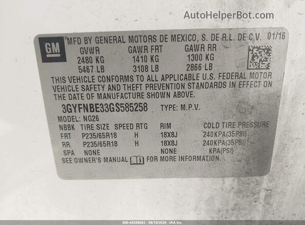 3GYFNBE33GS585258 2016 CADILLAC SRX White Engine compartment view