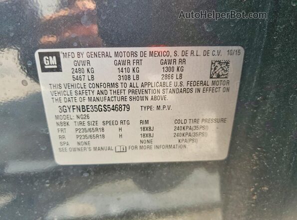 3GYFNBE35GS546879 2016 CADILLAC SRX Gray VIN კოდის სტიკერის ხედი