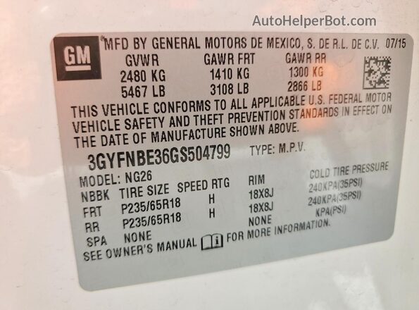 3GYFNBE36GS504799 2016 CADILLAC SRX White VIN sticker view