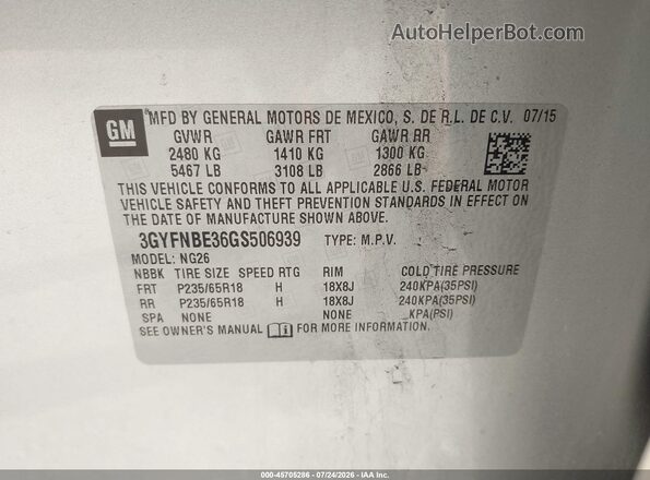 3GYFNBE36GS506939 2016 CADILLAC SRX Silver Widok komory silnika