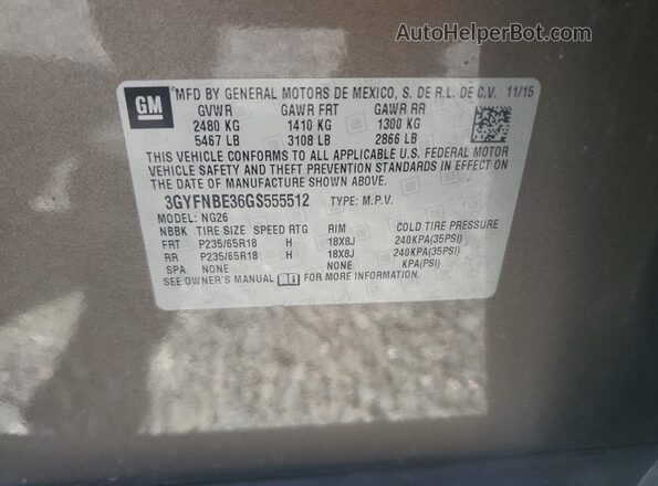 3GYFNBE36GS555512 2016 CADILLAC SRX Gold Widok naklejki z numerem VIN