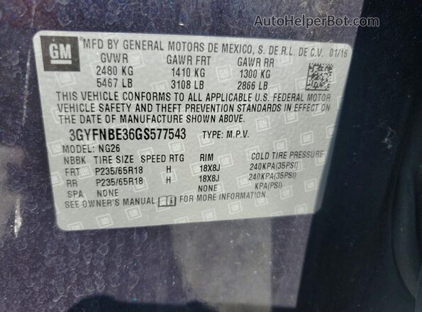3GYFNBE36GS577543 2016 CADILLAC SRX Charcoal Vista de la etiqueta del VIN