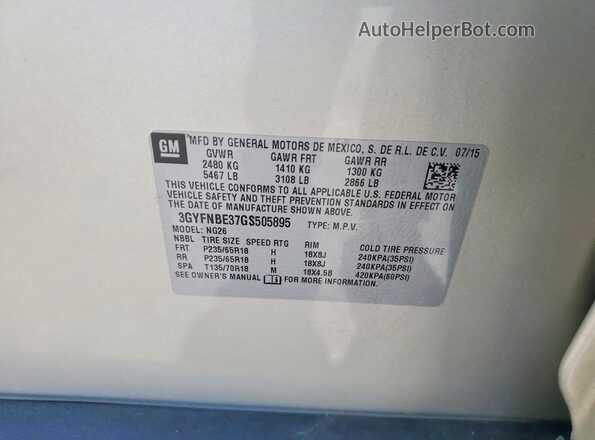 3GYFNBE37GS505895 2016 CADILLAC SRX Beige Вид наклейки з VIN-кодом