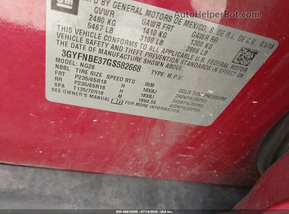3GYFNBE37GS582668 2016 CADILLAC SRX Red Widok komory silnika