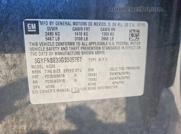 3GYFNBE39GS505767 2016 CADILLAC SRX Black Vista de la etiqueta del VIN