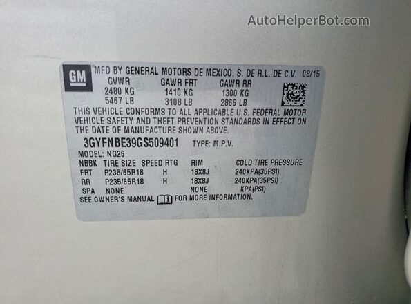 3GYFNBE39GS509401 2016 CADILLAC SRX Beige VIN კოდის სტიკერის ხედი