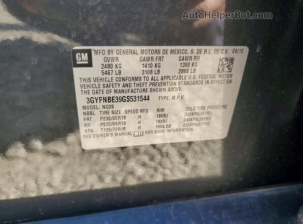 3GYFNBE39GS531544 2016 CADILLAC SRX Gray VIN կոդի պիտակի տեսք