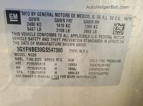 3GYFNBE39GS547386 2016 CADILLAC SRX Gold Widok wnętrza 360 stopni