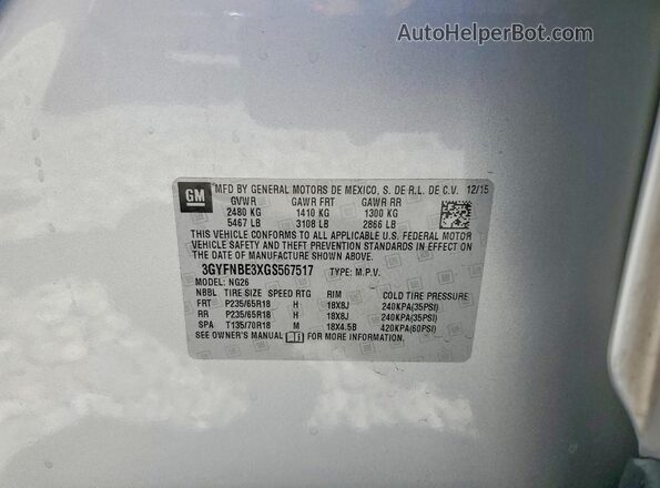 3GYFNBE3XGS567517 2016 CADILLAC SRX Серебряный Вид наклейки с VIN-кодом