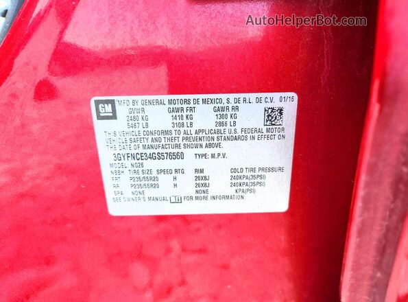 3GYFNCE34GS576560 2016 CADILLAC SRX Красный Вид наклейки с VIN-кодом