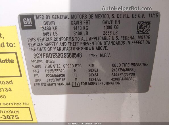 3GYFNDE33GS560548 2016 CADILLAC SRX Белый Вид подкапотного пространства
