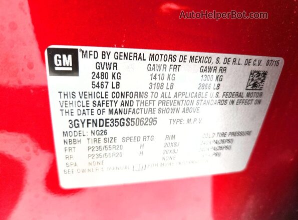 3GYFNDE35GS506295 2016 CADILLAC SRX Red VIN կոդի պիտակի տեսք