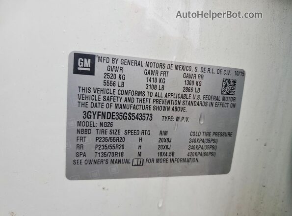 3GYFNDE35GS543573 2016 CADILLAC SRX White 360 interior view