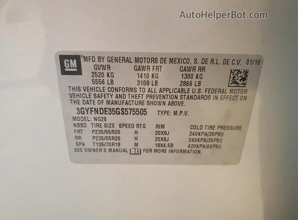 3GYFNDE35GS575505 2016 CADILLAC SRX Silver Vista de la etiqueta del VIN